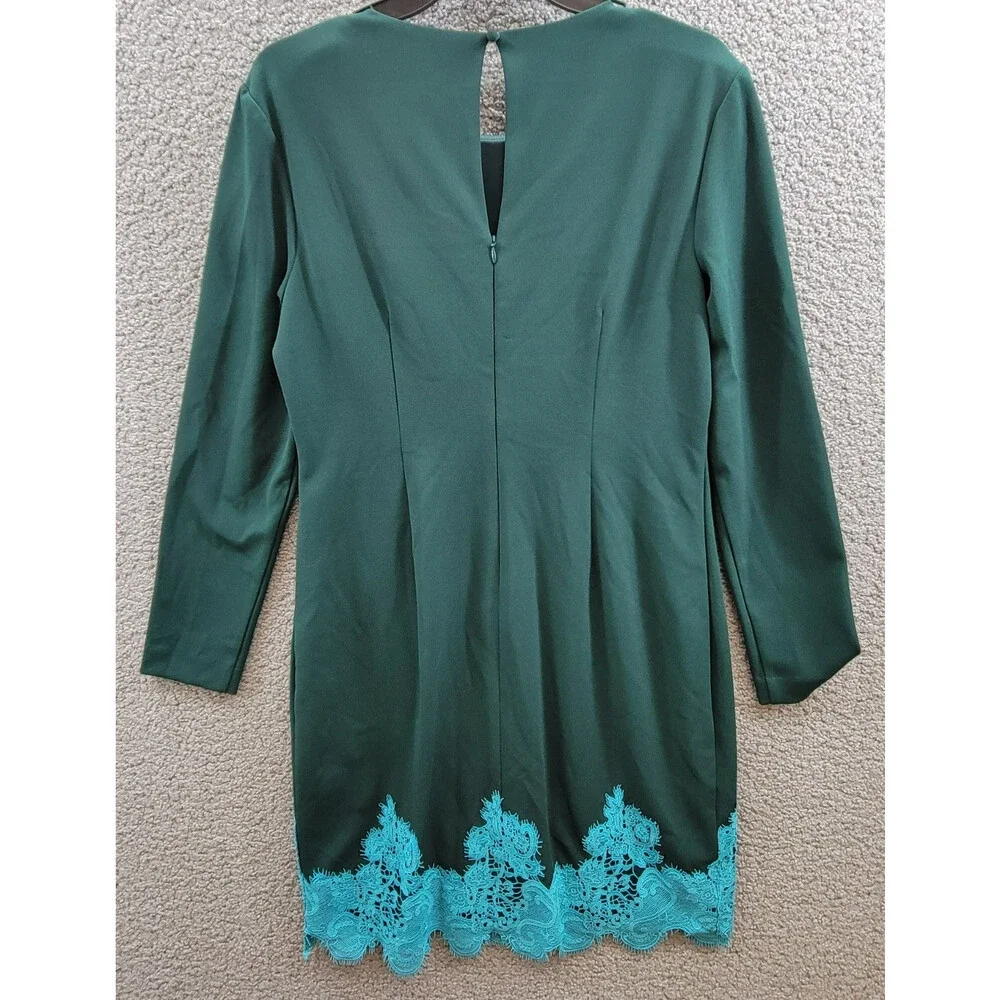 Vince Camuto Lace-Hem Bodycon Dress Women's 12 Hunter Crewneck Button Back Zip